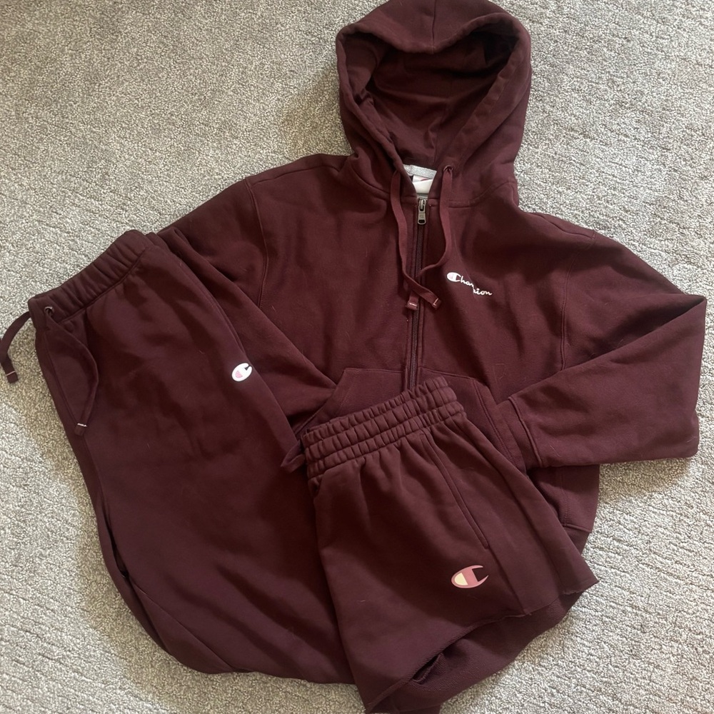Champion | Burgundy Hoodie, Joggers, & Shorts Set (3 piece) | Size XS & S